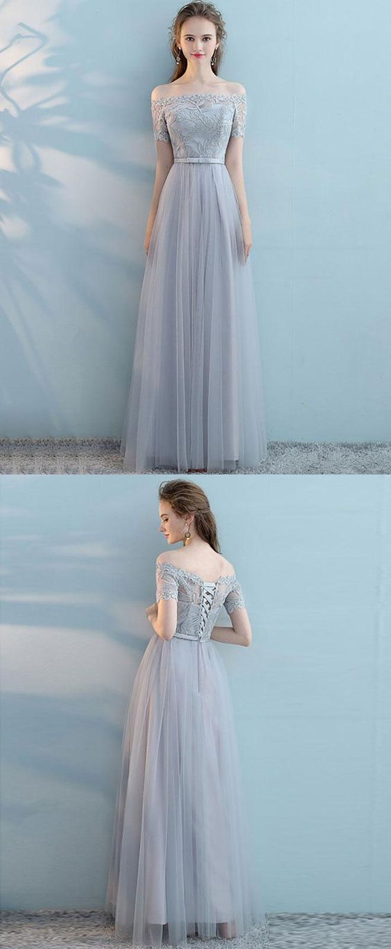 Gray tulle lace long prom dress, gray tulle bridesmaid dress cg2668