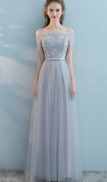 Gray tulle lace long prom dress, gray tulle bridesmaid dress cg2668