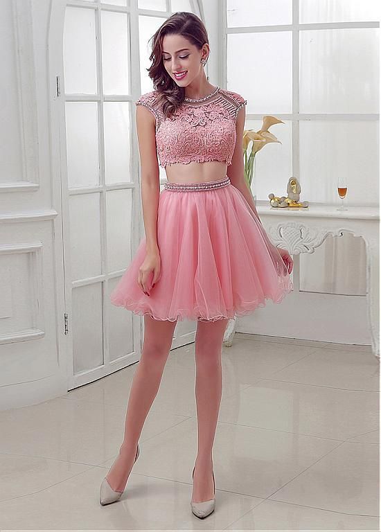 Chic Tulle Jewel Neckline A-Line Two-piece Homecoming Dresses With Lace cg2675
