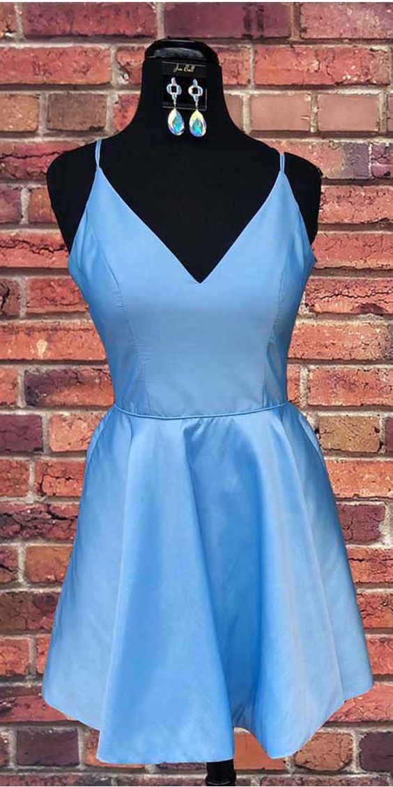 Spaghetti Strap V Neck Sky Blue Short Dress Homecoming Dress cg2767