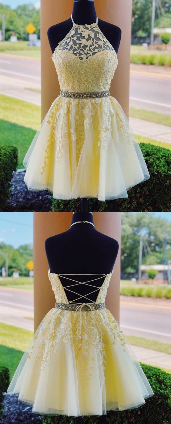Halter Appliqued Yellow Homecoming Dress Short Dress with Beading Belt cg2787