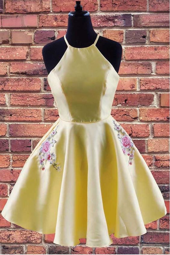 Halter Embroidered Yellow Satin Homecoming Dress with Pockets cg2788