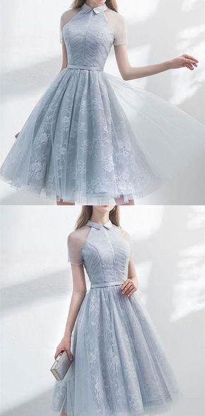Unique Grey Tulle Homecoming Dress, A-Line See Through Short Sleeves Dress, Elegant Party Dress cg290