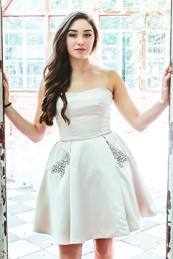Ivory Homecoming Dress, Beaded Homecoming Dress, Strapless Hoco Dresses cg2976