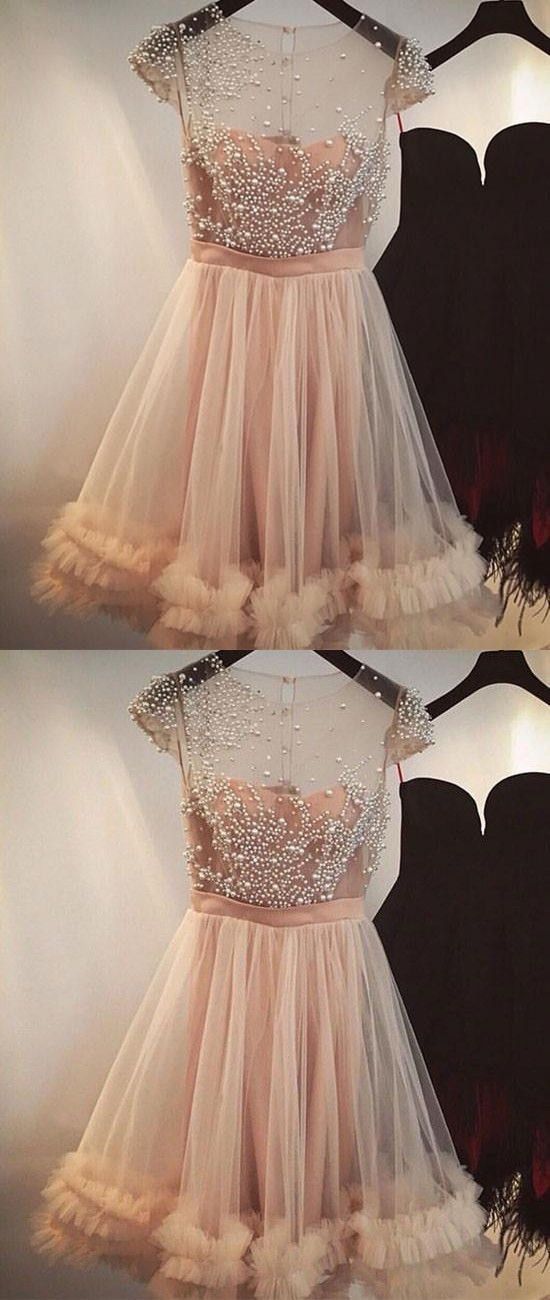 A-Line Jewel Light Champagne Short Homecoming Dress with Beading cg307