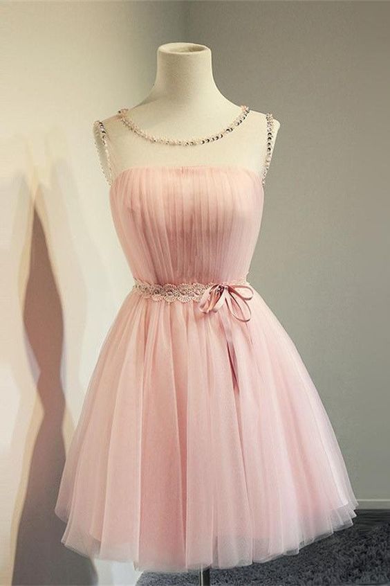 Pink Round Neck Simple Tulle Short Homecoming Dress cg3126