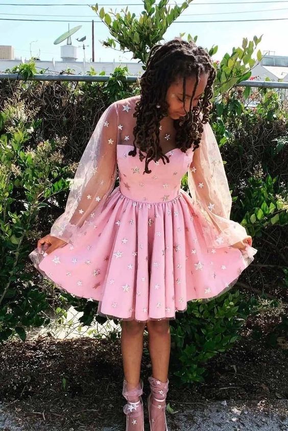 Pink Stars Long Sleeves Tulle Short Homecoming Dresses cg3141