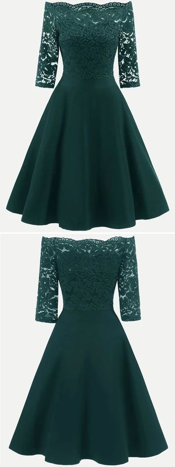 Boat Neck Lace Basic Long Party Skater Dress, Satin Homecoming Dress cg3175