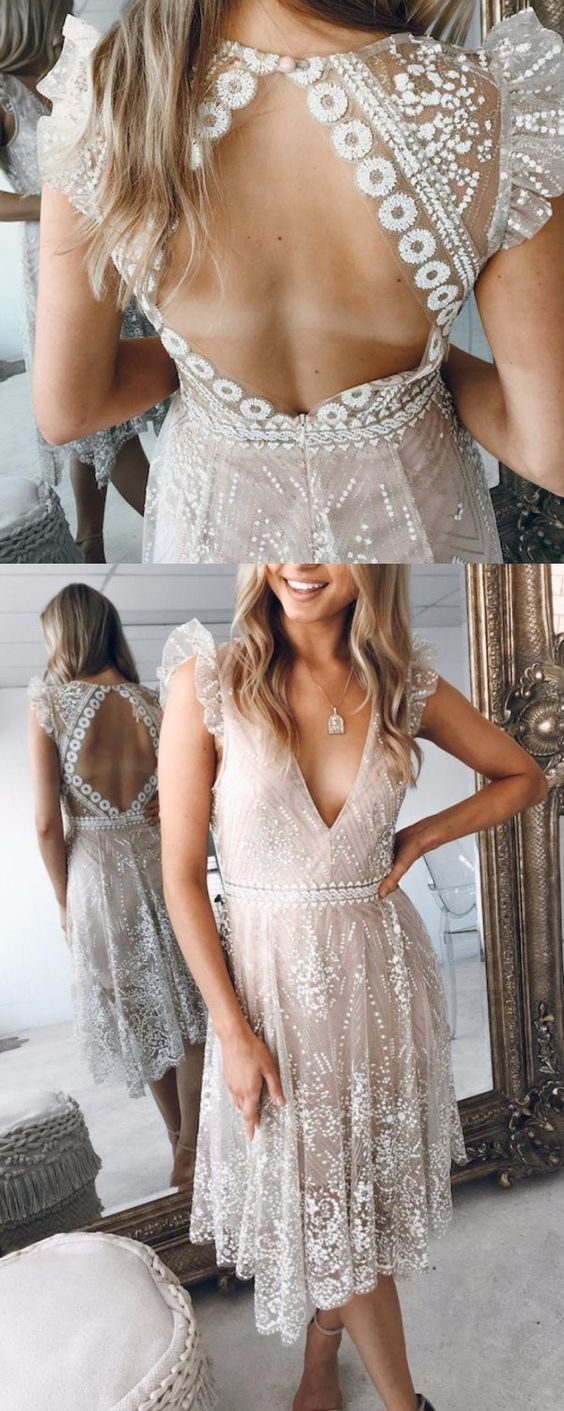 A-Line Deep V-Neck Asymmetry Cap Sleeves Pink Lace homecoming Dress with Ruffles cg318