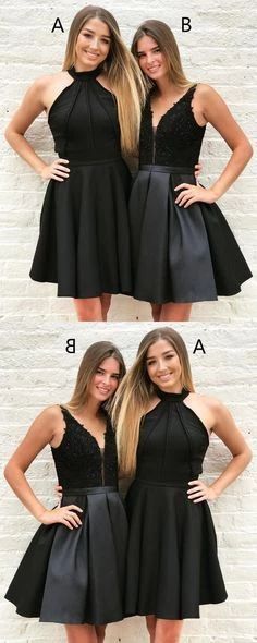Halter/V Neck Short Black Satin Homecoming Dress cg3358