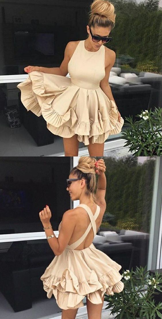 A-Line Party Dress, Champagne Homecoming Dress, Sleeveless Homecoming Dress cg342