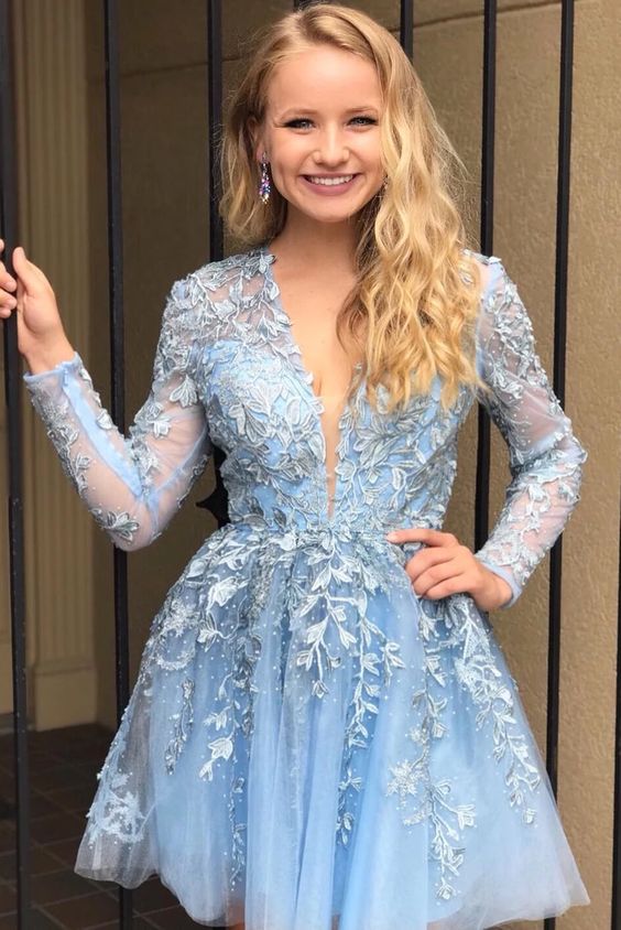 A Line Lace Appliqued Short Blue Homecoming Dress with Long Sleeves cg3456