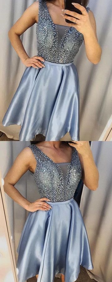V-neck Beading Bodice Blue Homecoming Dress cg3522