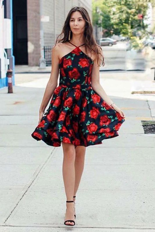 A-Line Cross V-Neck Above Knee Floral Satin Homecoming Dresses cg3525