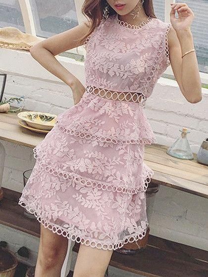 Pink Cut Out Detail Sleeveless Layered Sheer Lace Homecoming Dress cg3535