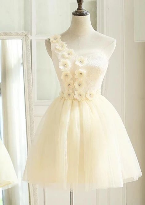 Cute Ivory Tulle One Shoulder Party Dress With Flowers, Cute Formal Dress, Teen Girls Homecoming Dresses cg3668