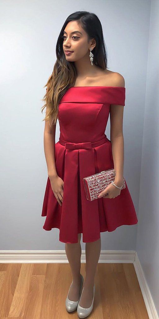 Off Shoulder Red Short Dress Custom Made Short Satin Homecoming Dress Fashion Short Simple School Dance Dress cg3901
