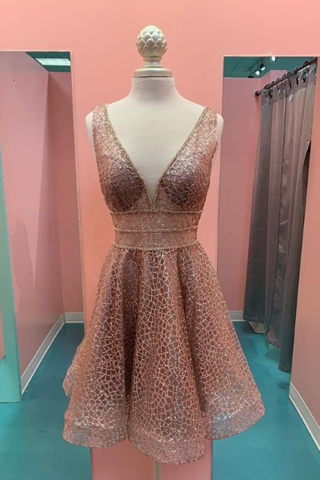 v neck short homecoming dress, rose gold sparkle homecoming dress cg4145