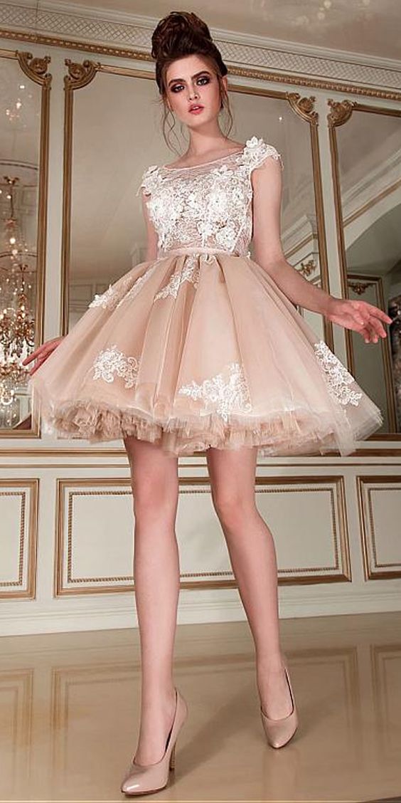 Romantic Tulle & Lace Scoop Neckline Short homecoming Dress With Lace Appliques & 3D Flowers cg423