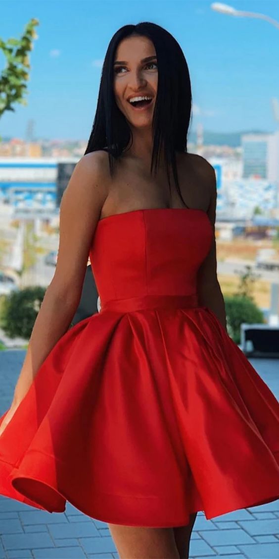 Simple Red Satin Strapless Short Formal Homecoming Dress cg4334