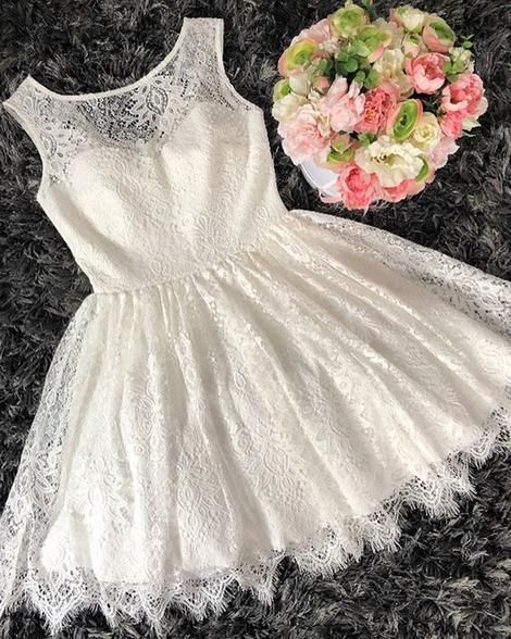 Scoop ivory lace A-line homecoming dress, lace short dress cg4338