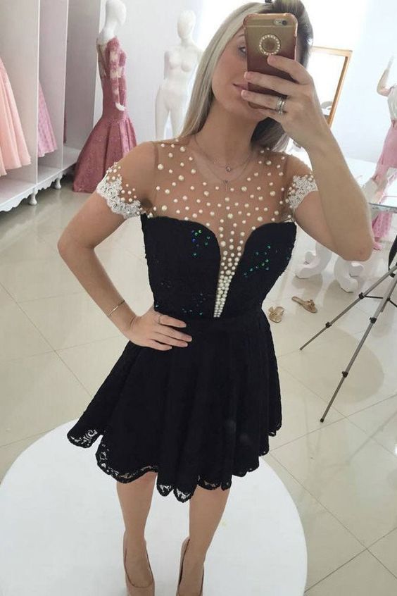 2019 A Line Scoop Short Sleeves Lace With Applique And Beads Homecoming Dresses cg4451