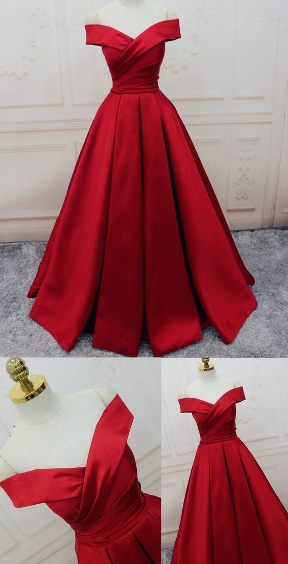 Evening Dresses, A-line/Princess Prom Dresses, Long Party Dresses, Off-the-shoulder red Long satin party dress  cg471