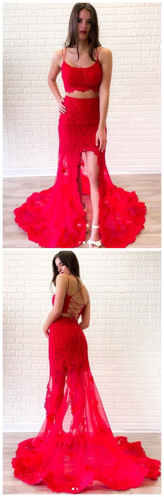 Red two pieces lace long prom dress, red lace evening dress cg4782