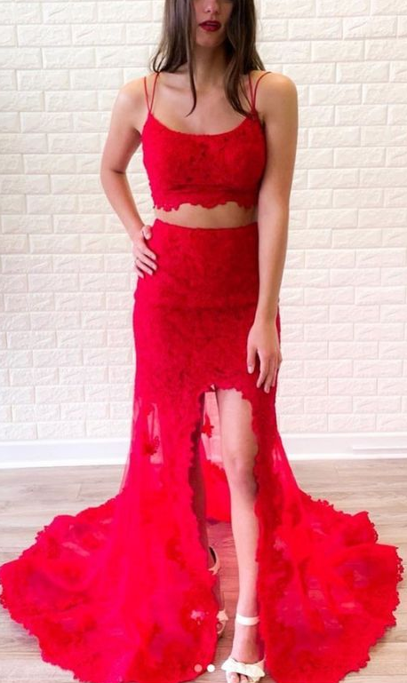 Red two pieces lace long prom dress, red lace evening dress cg4782