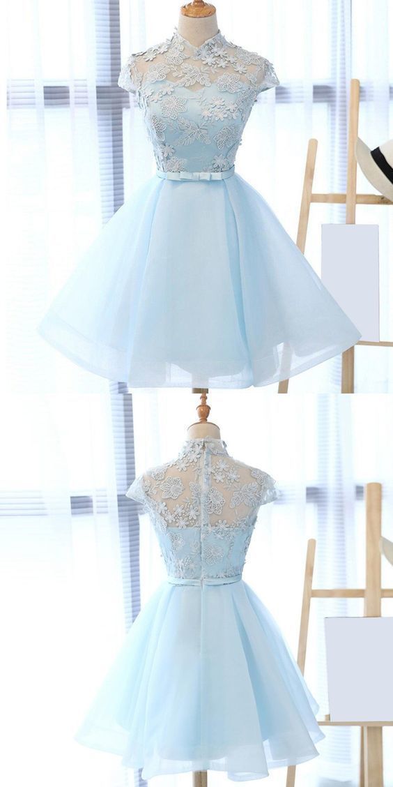 Chic Light Sky Blue Homecoming Dress Tulle High Neck Homecoming Dress Party Dress cg479