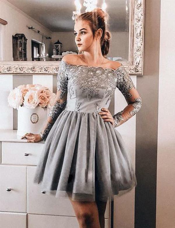 Off The Shoulder Short Homecoming Dresses Appliques Gray Cocktail Party Dresses cg518