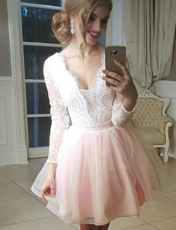 A-Line V-Neck Long Sleeves Pink Tulle Homecoming Cocktail Dress With Appliques cg536