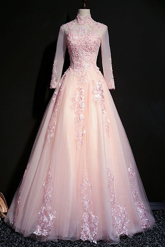 Pink Tulle Long Sleeves Party Dress 2020, Junior Prom Dresses cg5409