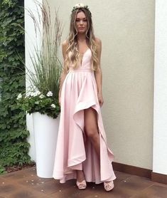 Simple A Line V Neck Elastic Satin High Low Prom Dresses, Formal Evening Dresses cg5448