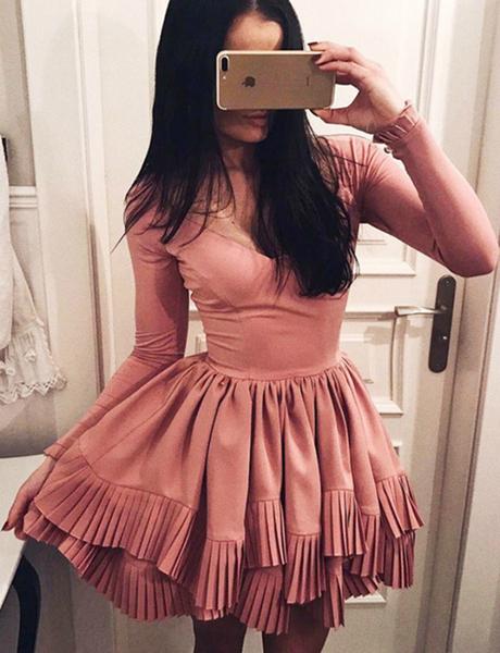 Long Sleeves V-Neck Pink Satin Homecoming Cocktail Dress cg549