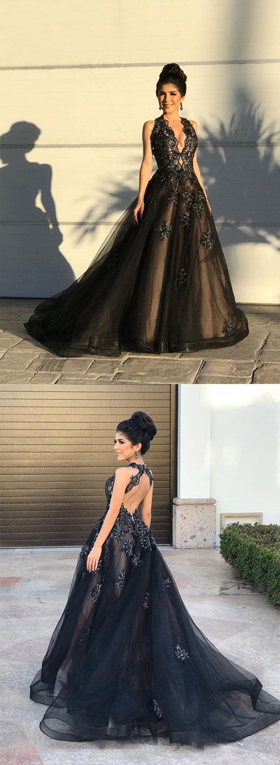 Black v neck tulle lace long prom dress, black evening dress cg5506