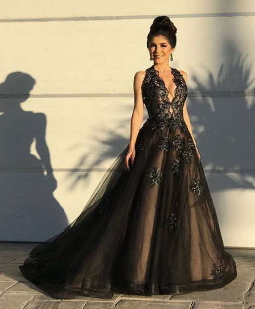 Black v neck tulle lace long prom dress, black evening dress cg5506