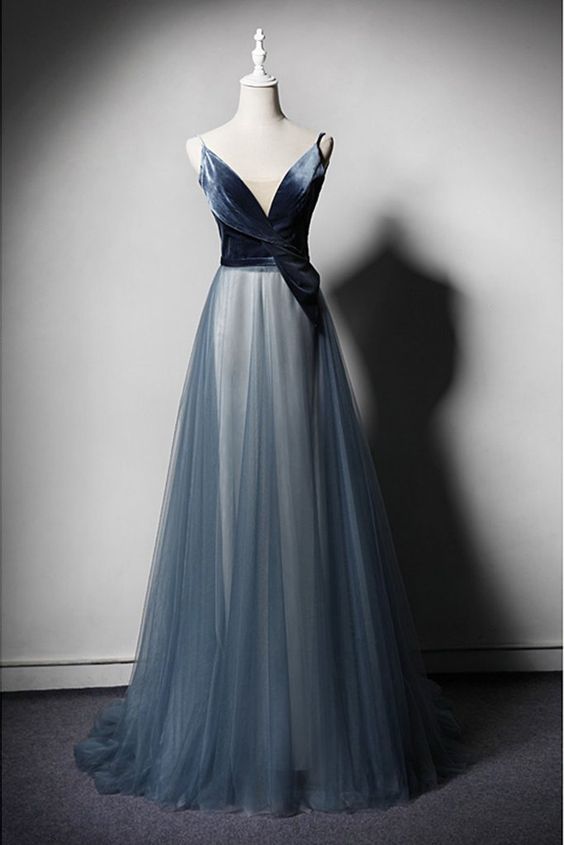 New Design Blue Tulle Velvet Long V Neck Senior Prom Dress cg5584