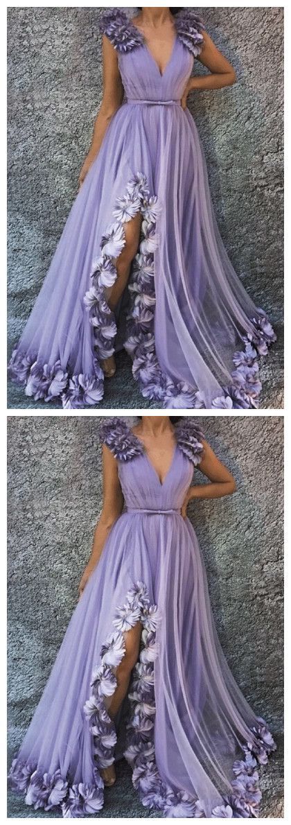 Lavender Tulle V Neck Long 3D Lace Applique Slit Prom Dress, Evening Dress cg5589