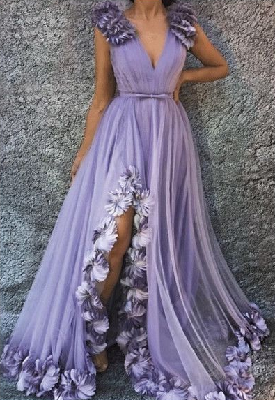 Lavender Tulle V Neck Long 3D Lace Applique Slit Prom Dress, Evening Dress cg5589