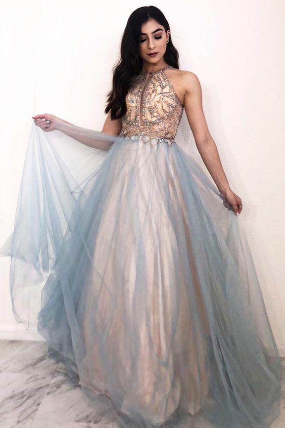Sexy Tulle O neckline Tulle Long Evening Dress Prom Dresses cg5611