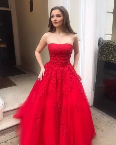 Strapless Tulle Red A Line Prom Dress, Elegant Appliques Dress cg5616
