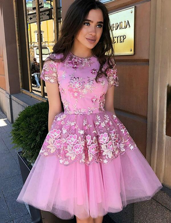 A-Line Jewel Short Pink Tulle Homecoming Cocktail Dress With Appliques cg564