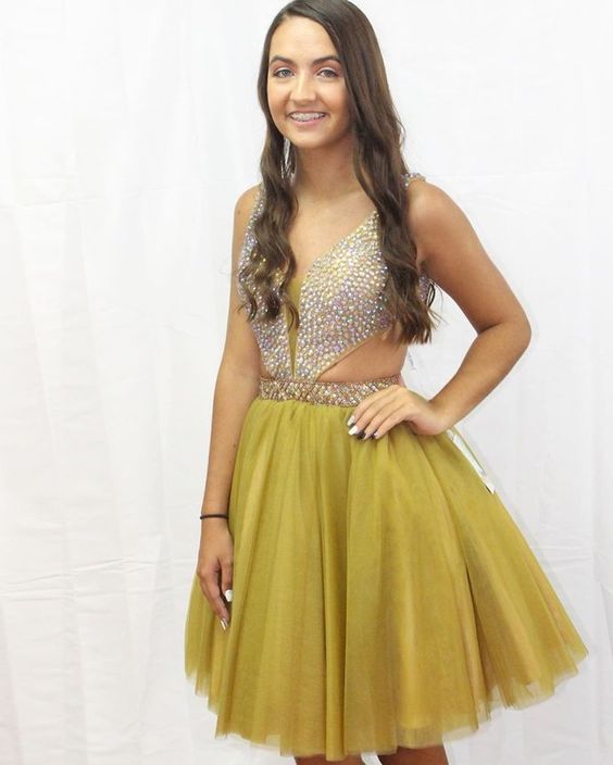 Sexy Short Tulle Yellow Homecoming Dress, Beaded Party Gown cg5683