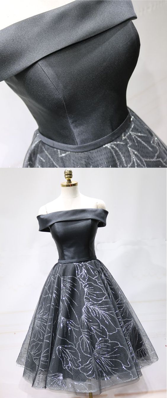 Black Satin Short Tulle Off Shoulder Party Dress, Homecoming Dress cg5697