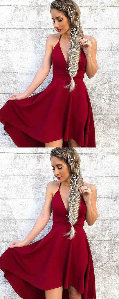 A-Line Deep V-Neck Spaghetti Straps Dark Red Homecoming Dresses cg573