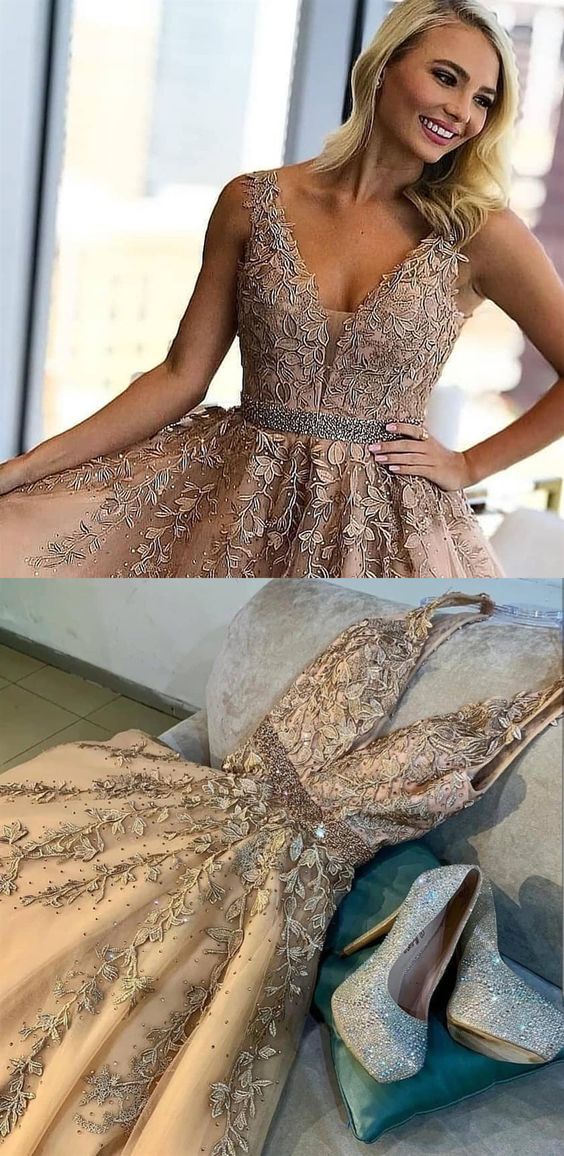 champagne lace long prom dresses, ball gown prom dresses, formal prom dresses with beading cg5732
