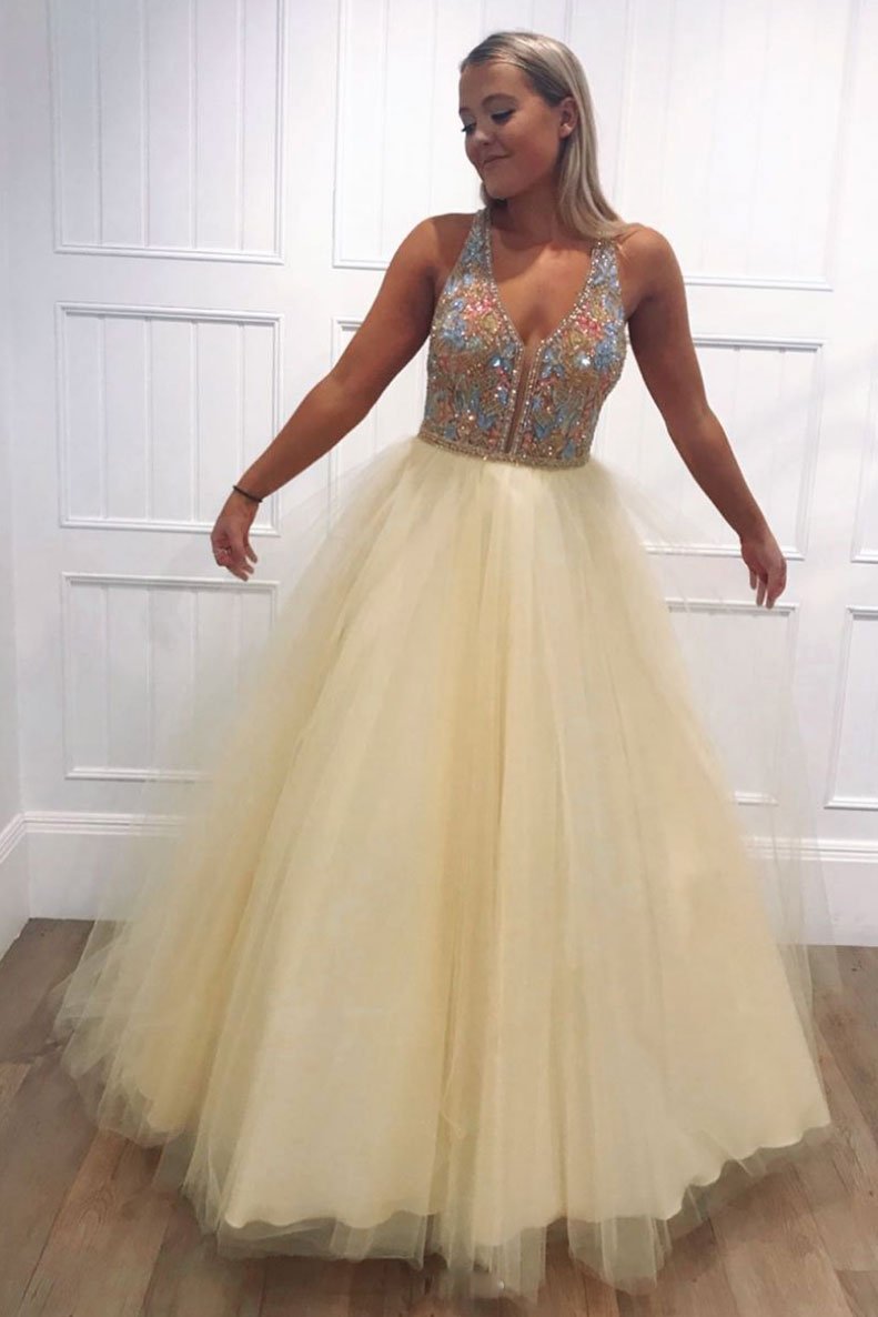 Yellow tulle v neck beads long prom dress yellow evening dress cg5759