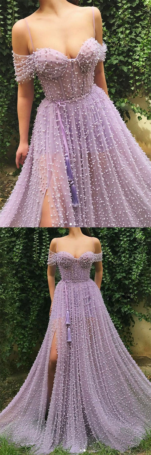 Purple sweetheart off shoulder tulle beads long prom dress cg5761