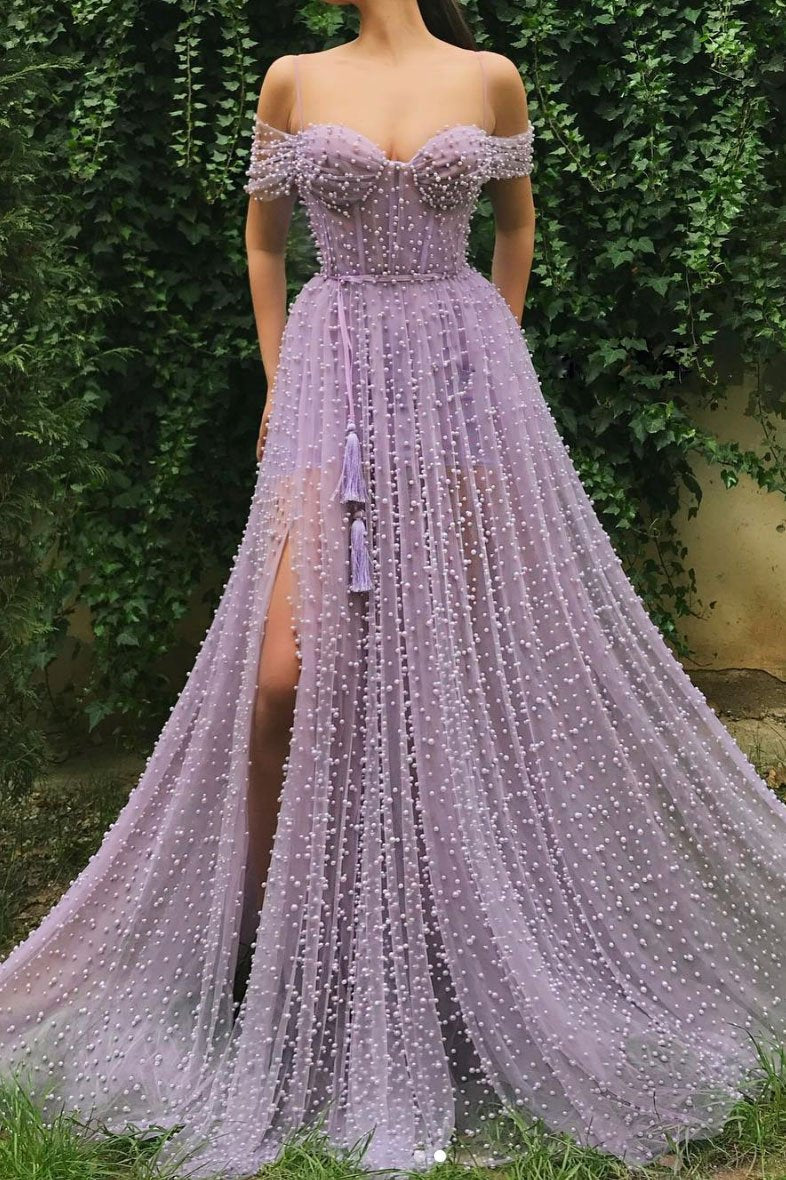 Purple sweetheart off shoulder tulle beads long prom dress cg5761